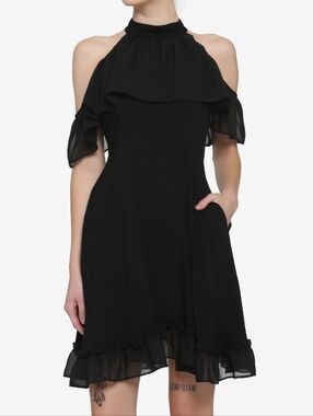 Hot Topic Goth Witchy Ruffle Cold Shoulder Flowy Party Little Black Dress XS S
